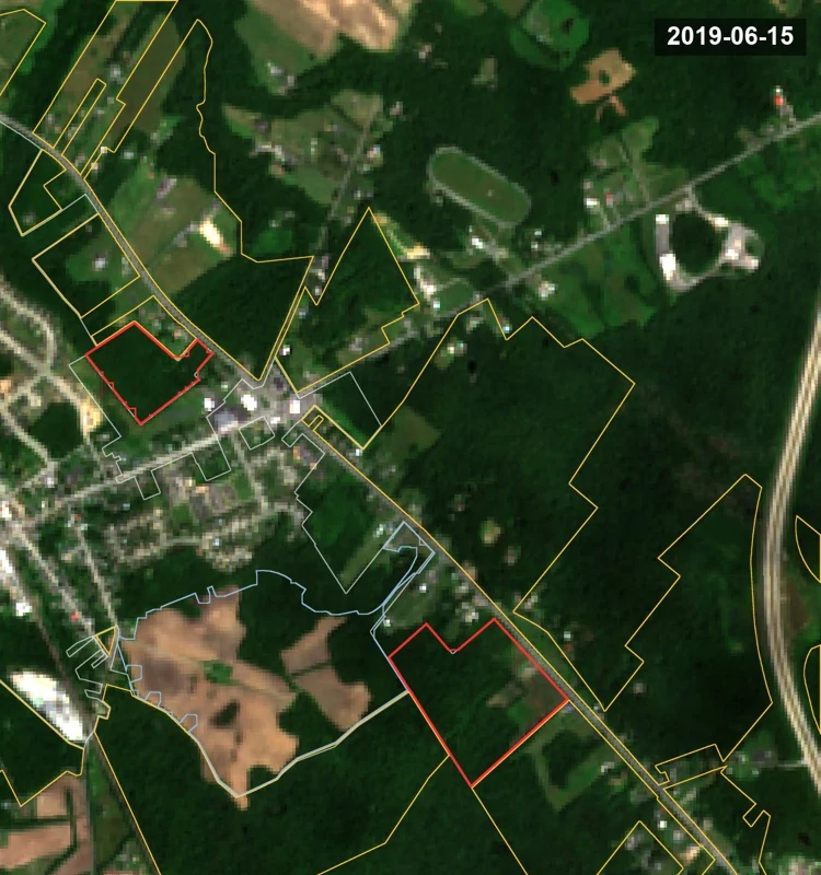 Aerial image dated 15 June 2019. Both red-outlined parcels are wooded, and the ground south-west of the town center is farmland rather than subdivision.