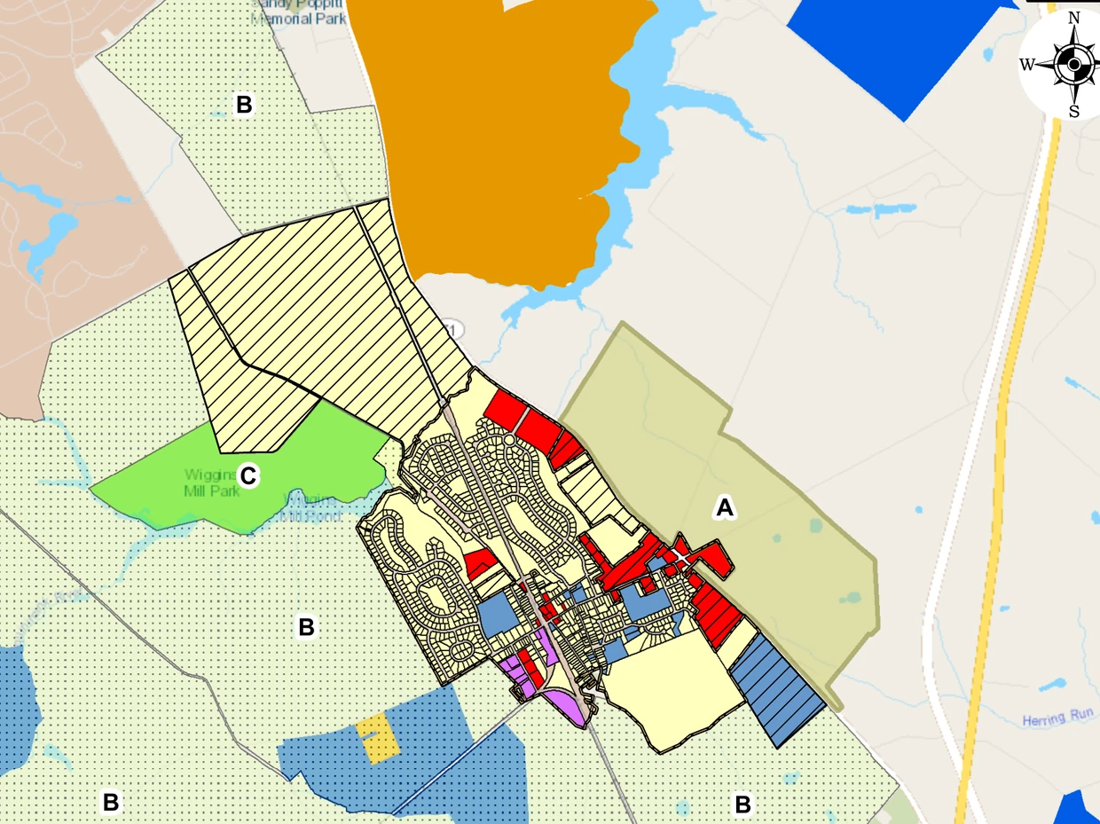 Detail of the certified Map 4 sheet around Townsend. Stippled green Area B covers the open land on every side of the town, with a hatched future annexation area to the north-west.